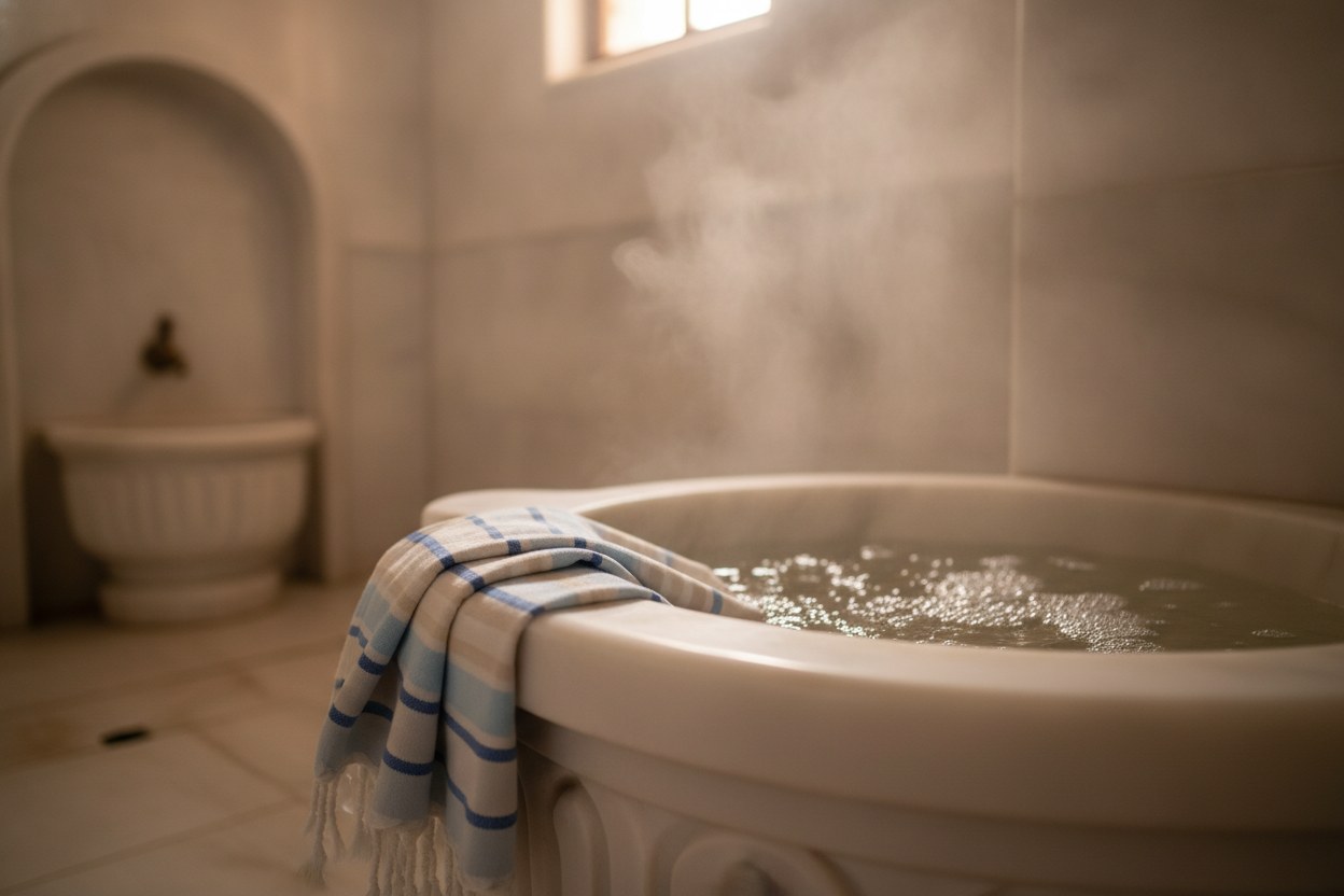 Buğulu hamam ortamında serili peştemal